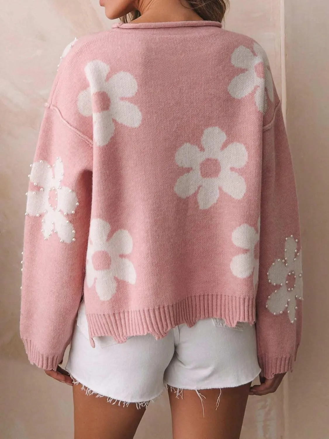 Women Pearl Sweater Love Heart Graphic Knitted Sweatshirts Cute Oversized Pullover Shirts