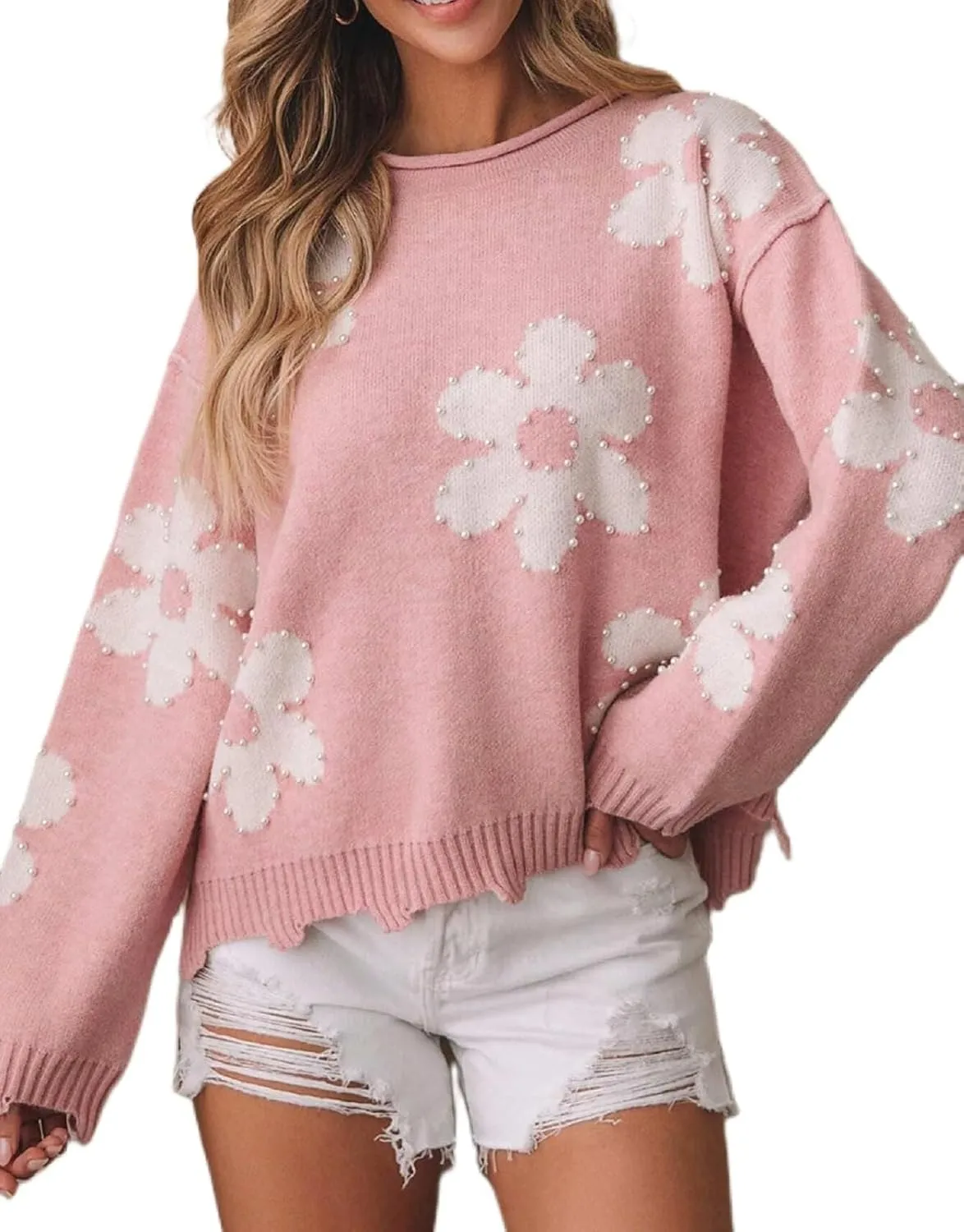 Women Pearl Sweater Love Heart Graphic Knitted Sweatshirts Cute Oversized Pullover Shirts