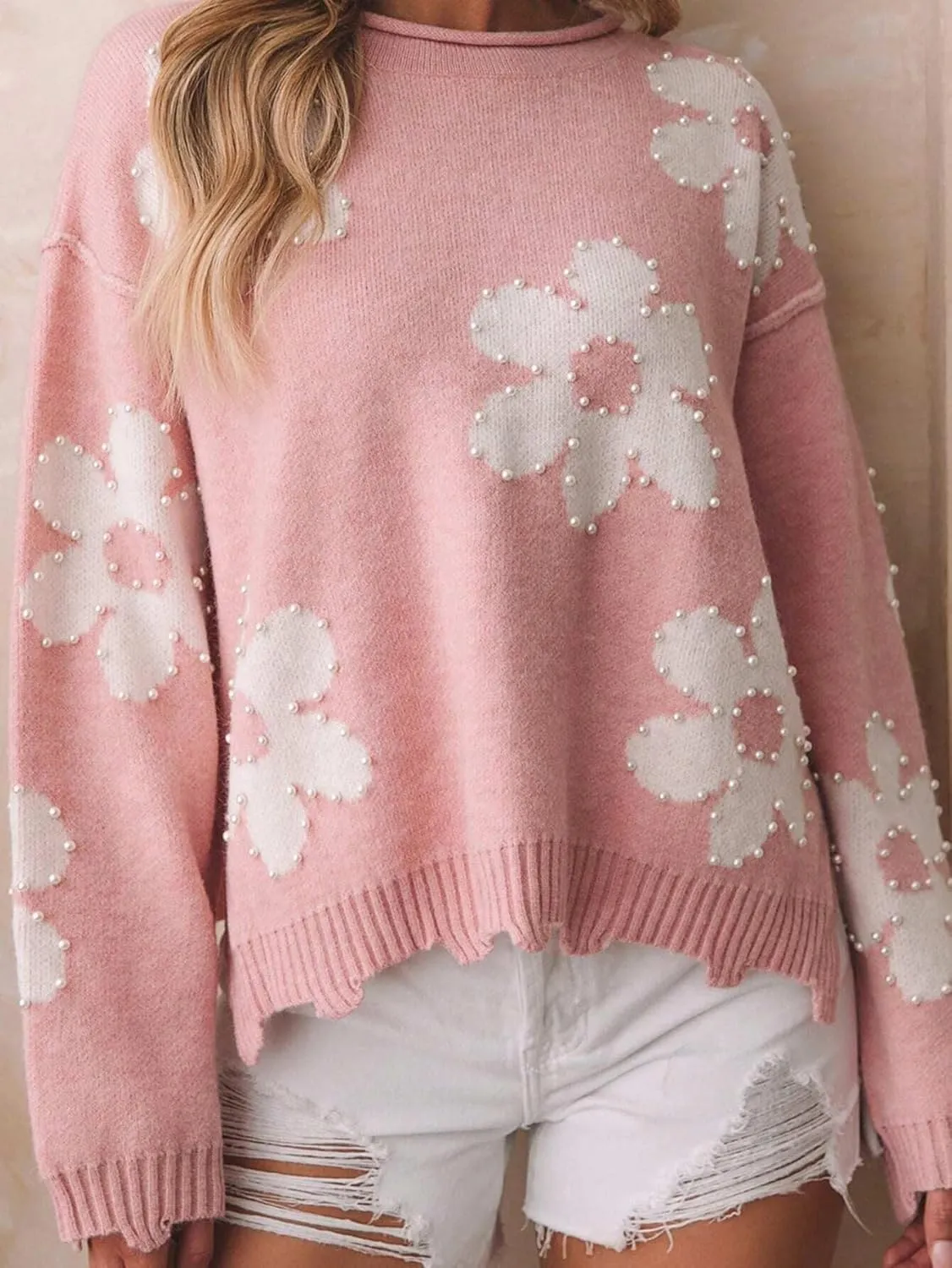 Women Pearl Sweater Love Heart Graphic Knitted Sweatshirts Cute Oversized Pullover Shirts