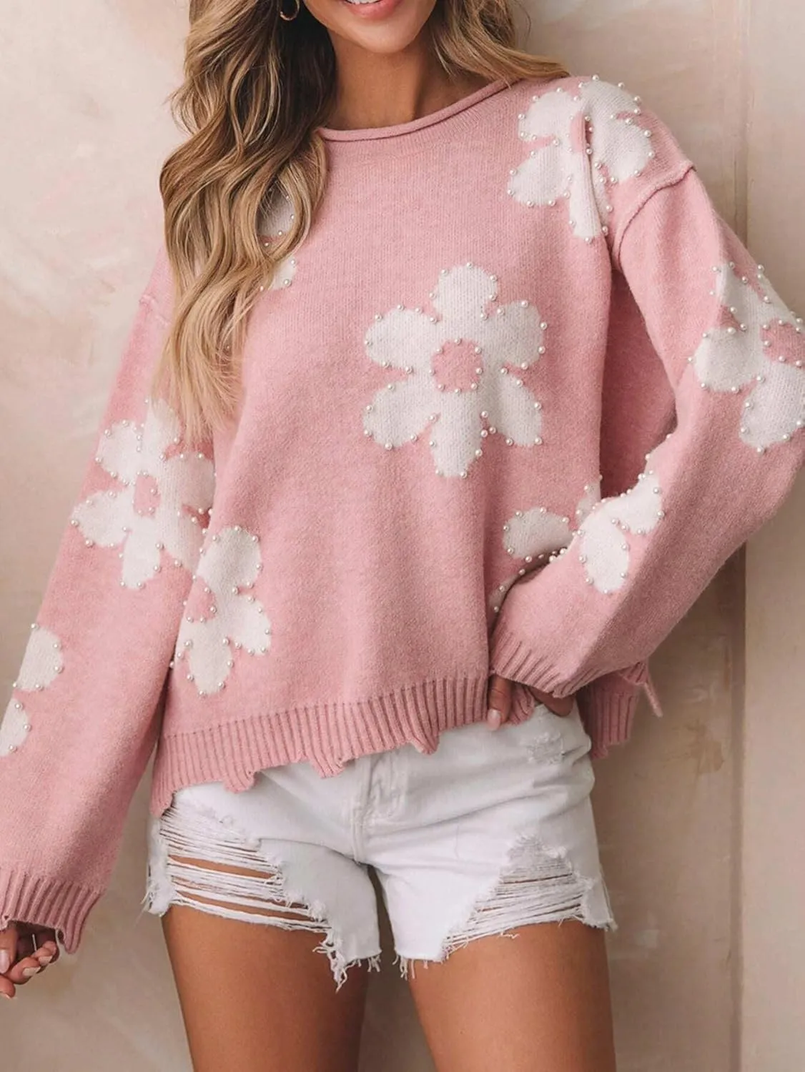 Women Pearl Sweater Love Heart Graphic Knitted Sweatshirts Cute Oversized Pullover Shirts