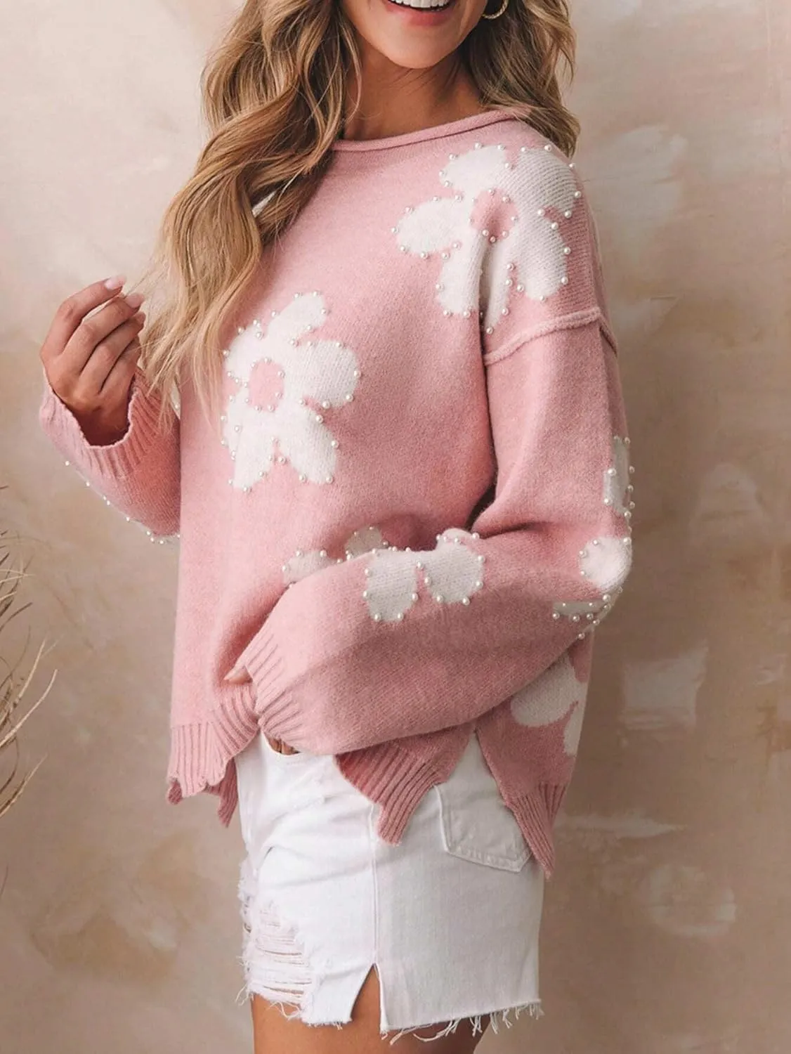 Women Pearl Sweater Love Heart Graphic Knitted Sweatshirts Cute Oversized Pullover Shirts