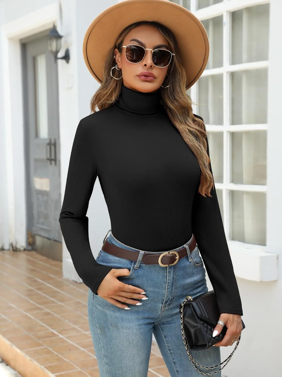 Womens 2 Piece Turtleneck Long Sleeve Shirts Ribbed Knit Pullover Sweater Basic Layering Thermal Underwear Tops