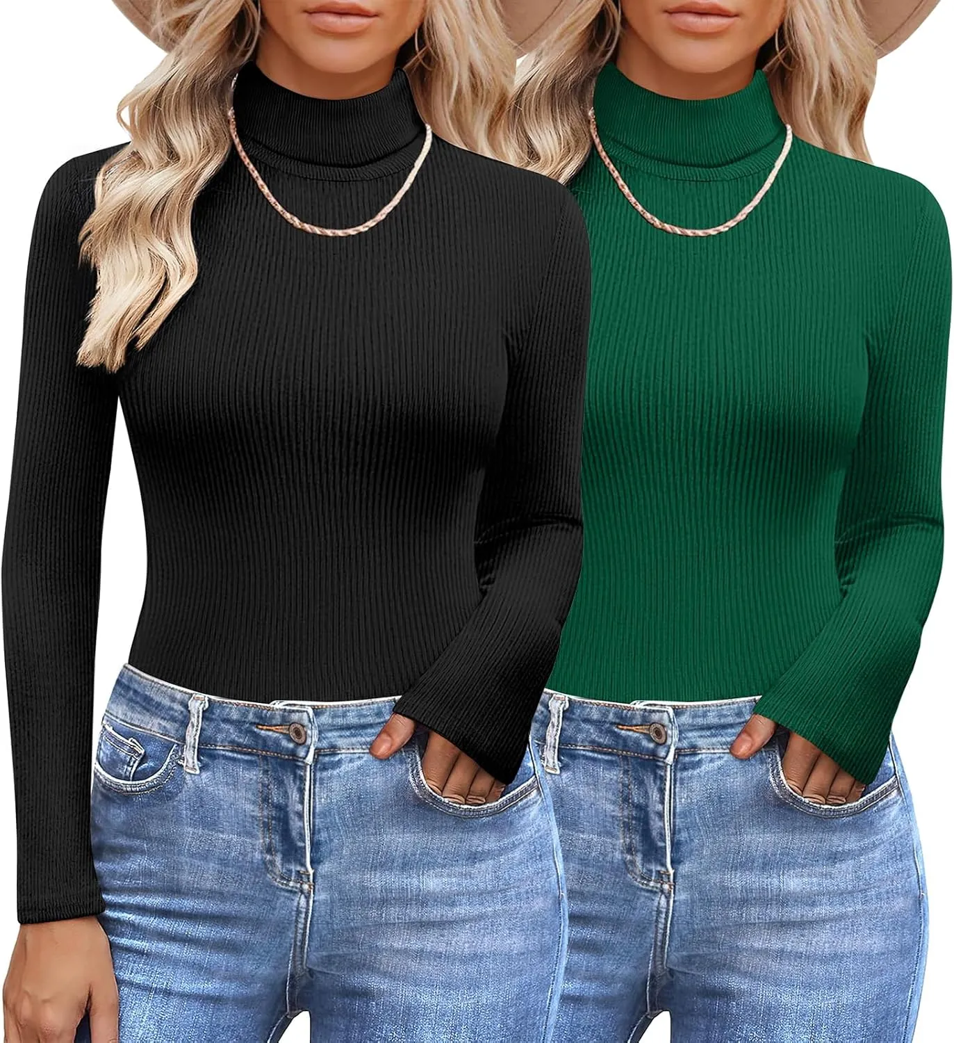 Womens 2 Piece Turtleneck Long Sleeve Shirts Ribbed Knit Pullover Sweater Basic Layering Thermal Underwear Tops