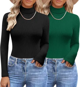 Womens 2 Piece Turtleneck Long Sleeve Shirts Ribbed Knit Pullover Sweater Basic Layering Thermal Underwear Tops
