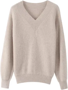 Women's Cashmere and Merino Wool Blend V Neck Sweater Lightweight Knit Sweater
