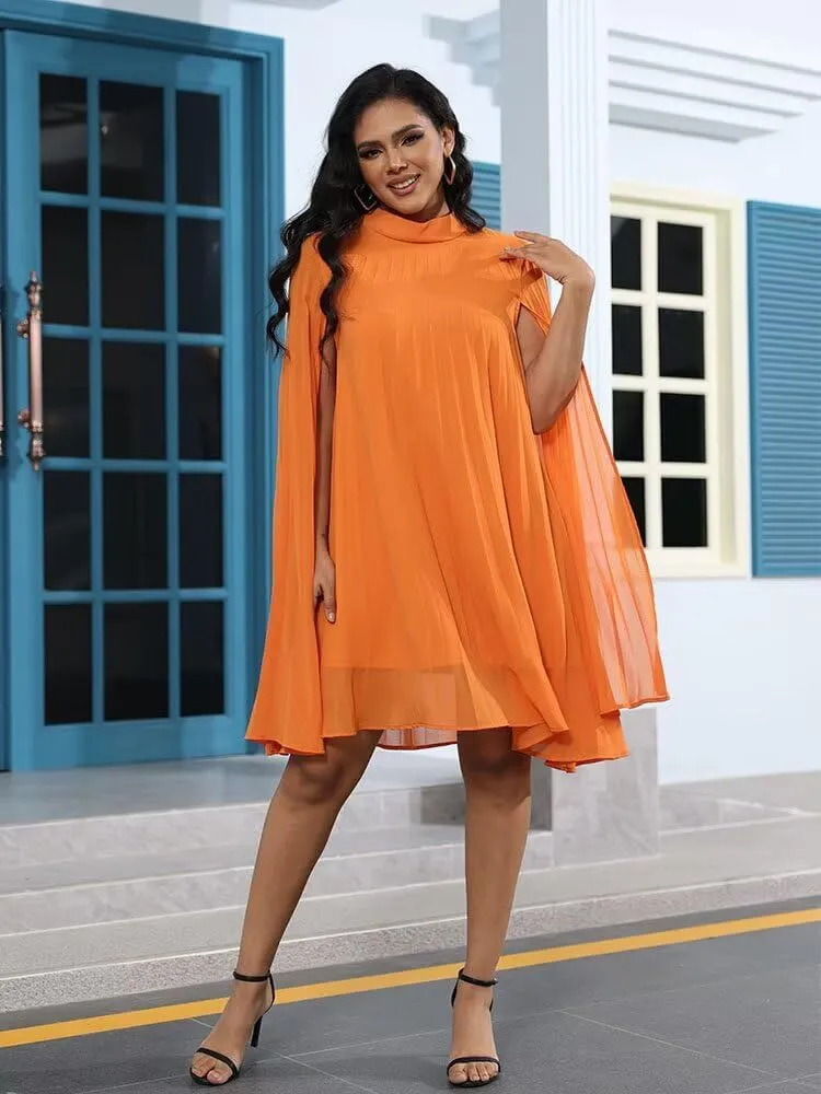 Womens Casual Cape Sleeve Pleated Split Short Dress Loose Fit Cocktail Party Flowy Dress