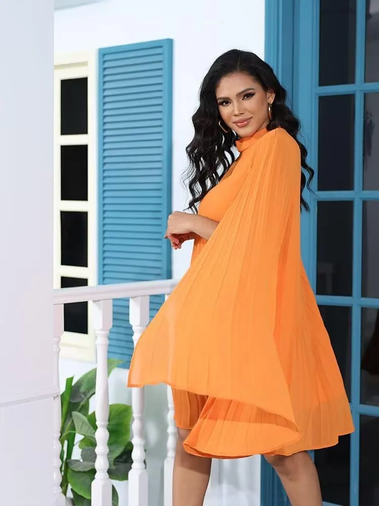 Womens Casual Cape Sleeve Pleated Split Short Dress Loose Fit Cocktail Party Flowy Dress