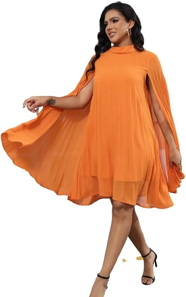 Womens Casual Cape Sleeve Pleated Split Short Dress Loose Fit Cocktail Party Flowy Dress