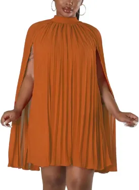 Womens Casual Cape Sleeve Pleated Split Short Dress Loose Fit Cocktail Party Flowy Dress