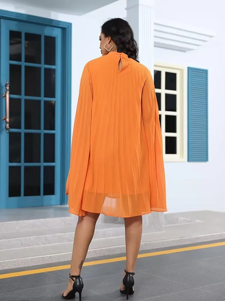 Womens Casual Cape Sleeve Pleated Split Short Dress Loose Fit Cocktail Party Flowy Dress
