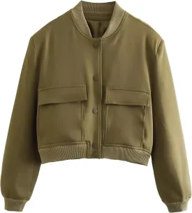 Women's Cropped Bomber Jacket Long Sleeve Lightweight Casual Button Down Baseball Varsity Jacket with Pockets