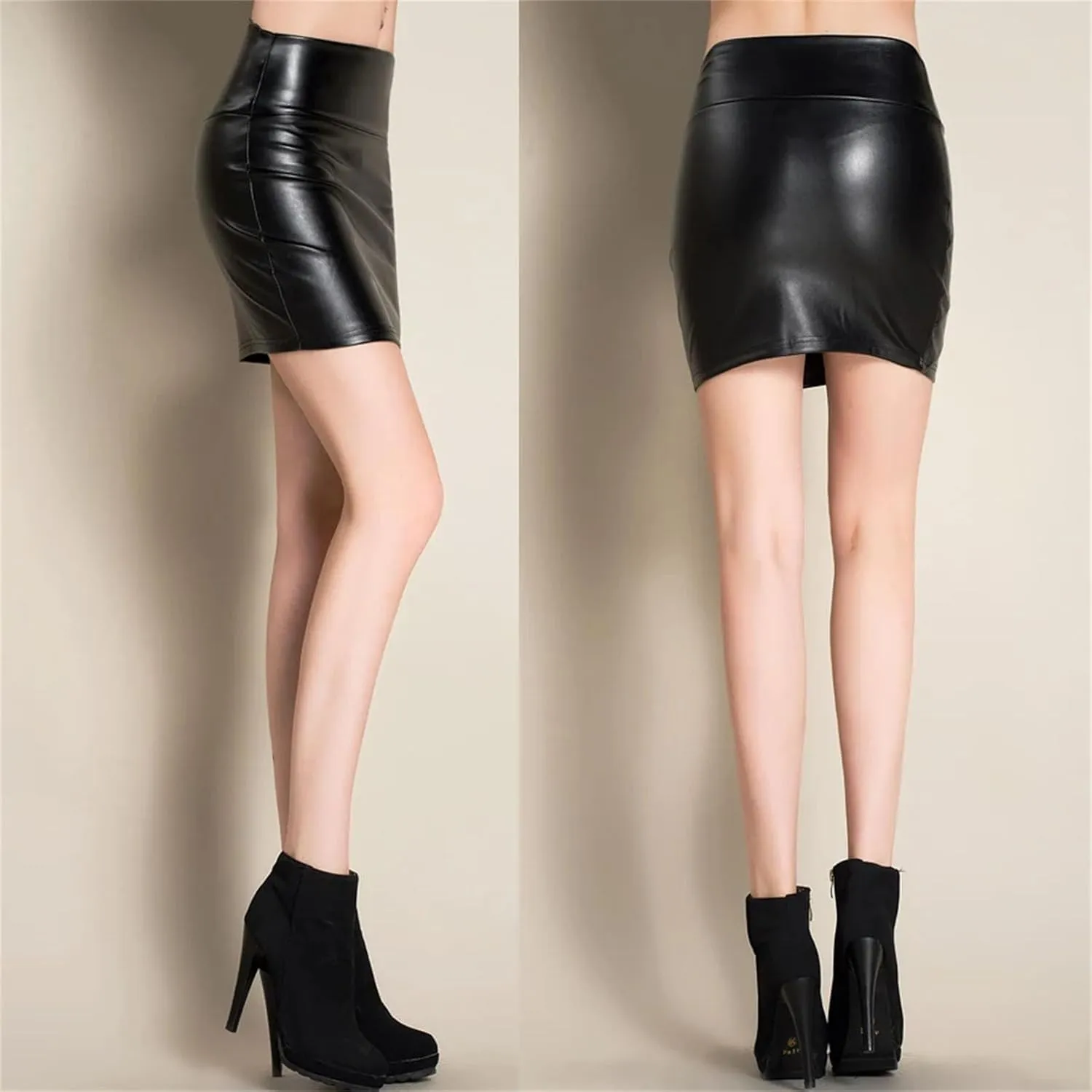 Womens Faux Leather Pencil Skirt High Waist Slim Short Spring Casual Solid