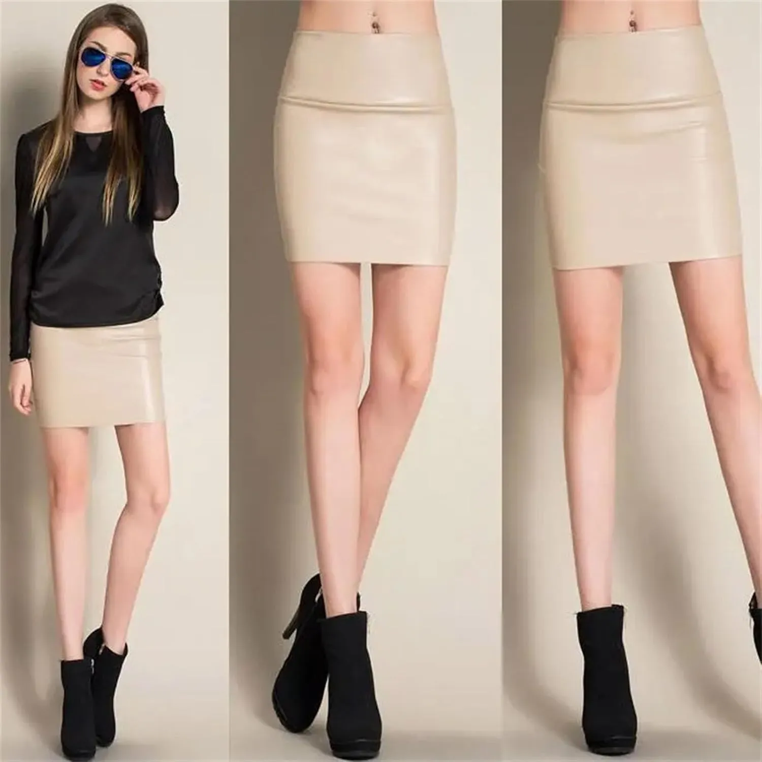 Womens Faux Leather Pencil Skirt High Waist Slim Short Spring Casual Solid