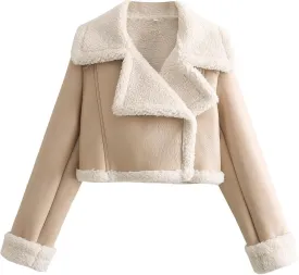 Women's Faux Shearling Fur Winter Coat Warm Thick Fur Lined Faux Leather Jacket Lapel Cropped Casual Moto Jacket Coat
