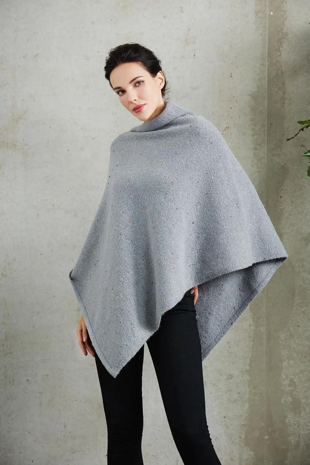 Women's Heaps Collar Bohemian Poncho Sweater Knitted Cape Irregular Hem Wrap Pullover for Spring Fall Winter