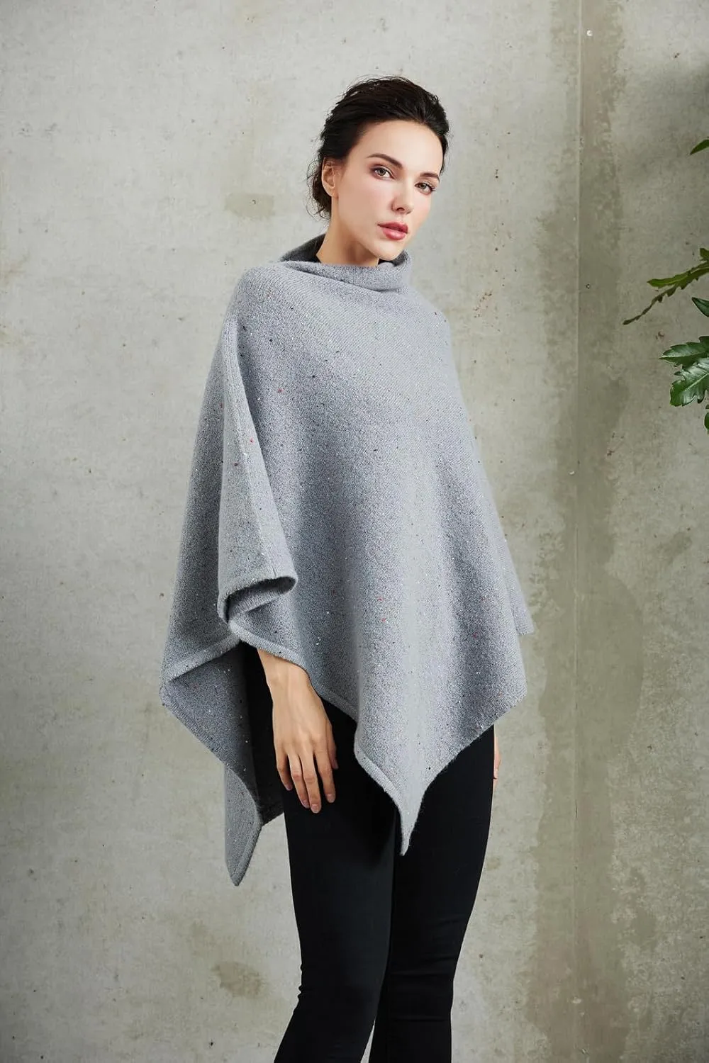 Women's Heaps Collar Bohemian Poncho Sweater Knitted Cape Irregular Hem Wrap Pullover for Spring Fall Winter