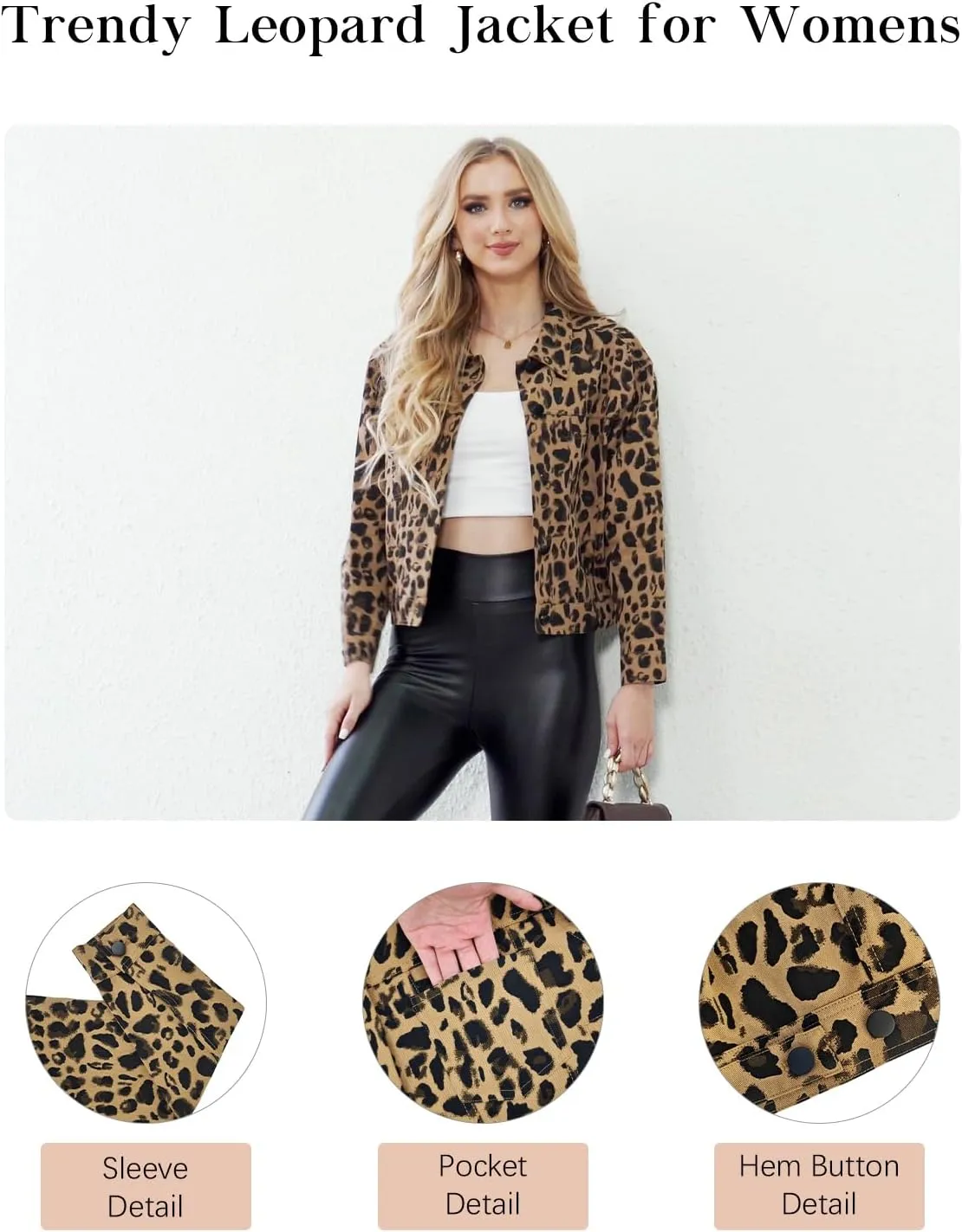 Womens Leopard Denim Jacket Casual Long Sleeve Button Down Loose Cheetah Print Jean Jacket with Pockets