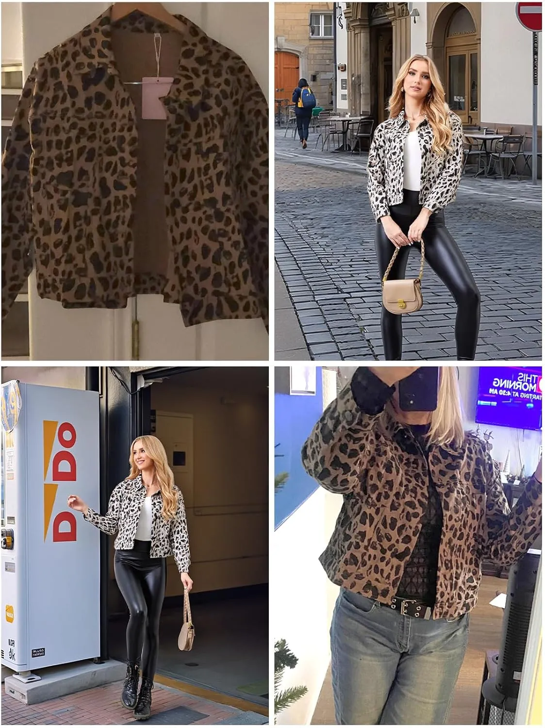 Womens Leopard Denim Jacket Casual Long Sleeve Button Down Loose Cheetah Print Jean Jacket with Pockets