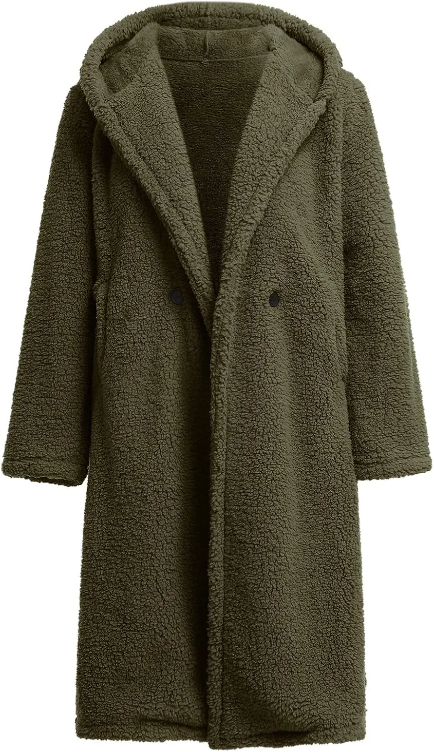 Women's Long Winter Coat Oversized Fuzzy Fleece Jacket Hooded Button Down Faux Fur Warm Outerwear with Pockets