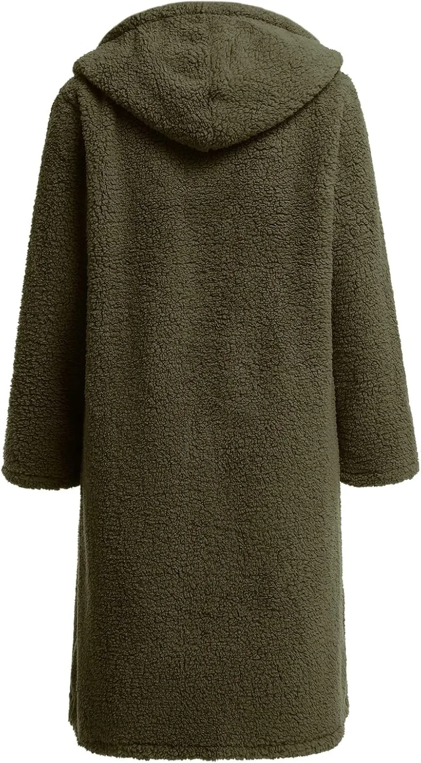 Women's Long Winter Coat Oversized Fuzzy Fleece Jacket Hooded Button Down Faux Fur Warm Outerwear with Pockets