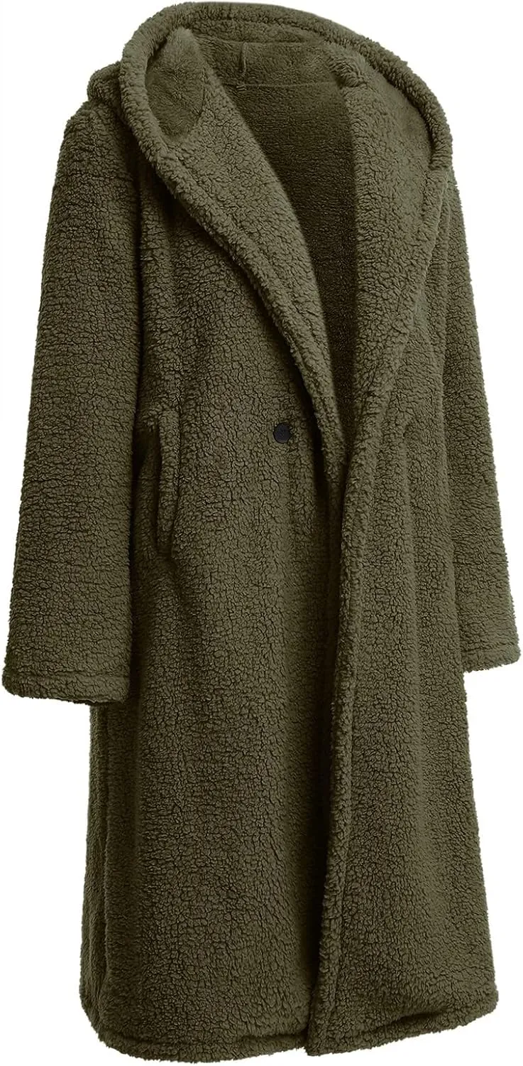 Women's Long Winter Coat Oversized Fuzzy Fleece Jacket Hooded Button Down Faux Fur Warm Outerwear with Pockets
