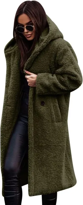 Women's Long Winter Coat Oversized Fuzzy Fleece Jacket Hooded Button Down Faux Fur Warm Outerwear with Pockets