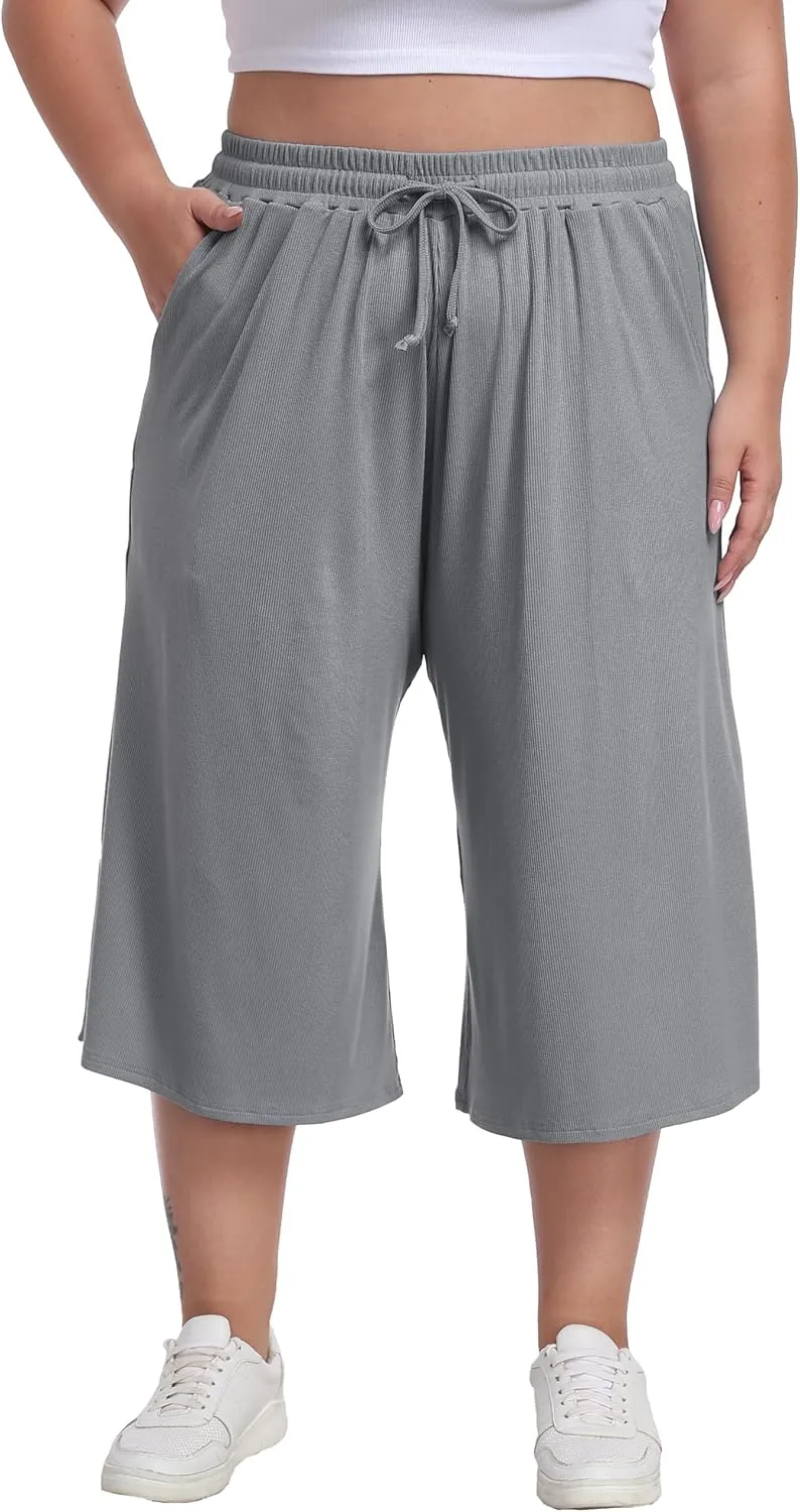 Women's Plus Size Wide Leg Capris Summer Palazzo Lounge Cropped Pants Casual Flowy Capri Pants with Pockets