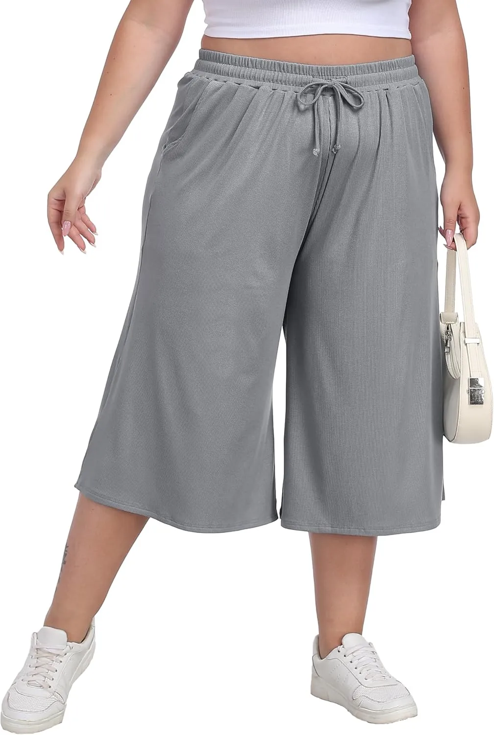 Women's Plus Size Wide Leg Capris Summer Palazzo Lounge Cropped Pants Casual Flowy Capri Pants with Pockets