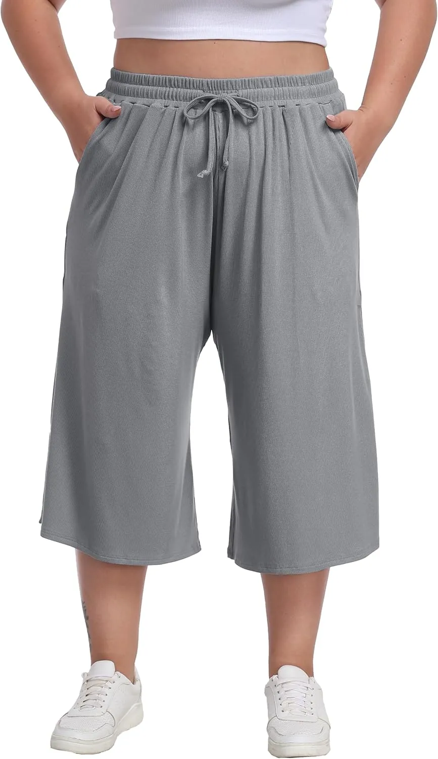 Women's Plus Size Wide Leg Capris Summer Palazzo Lounge Cropped Pants Casual Flowy Capri Pants with Pockets