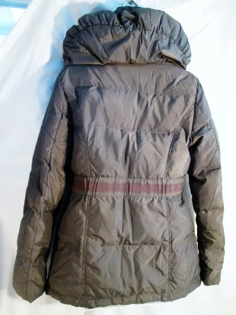 Womens TAHARI Belt Down Puffer Jacket Coat Ski BROWN S Winter Snowboard Collar
