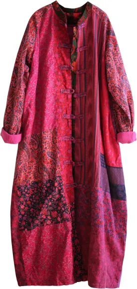 Women's Trench Coat Floral Print Long Cotton Linen Jacke Cottagecore Clothing Patchwork Outwear Bohemian unique
