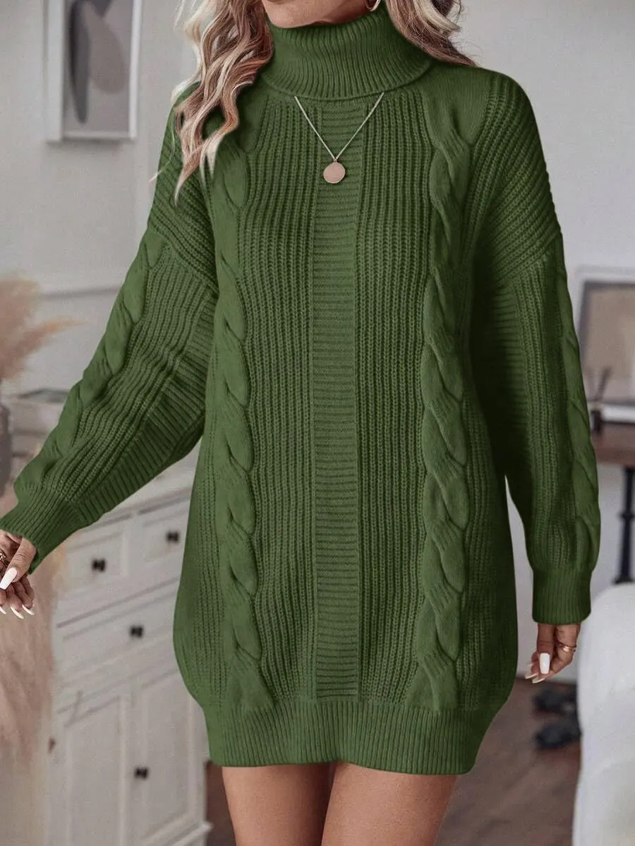 Women's Winter Sweater Long Sleeve Oversized Sweater Dress Cable Knit Loose Pullover Tunic Dress