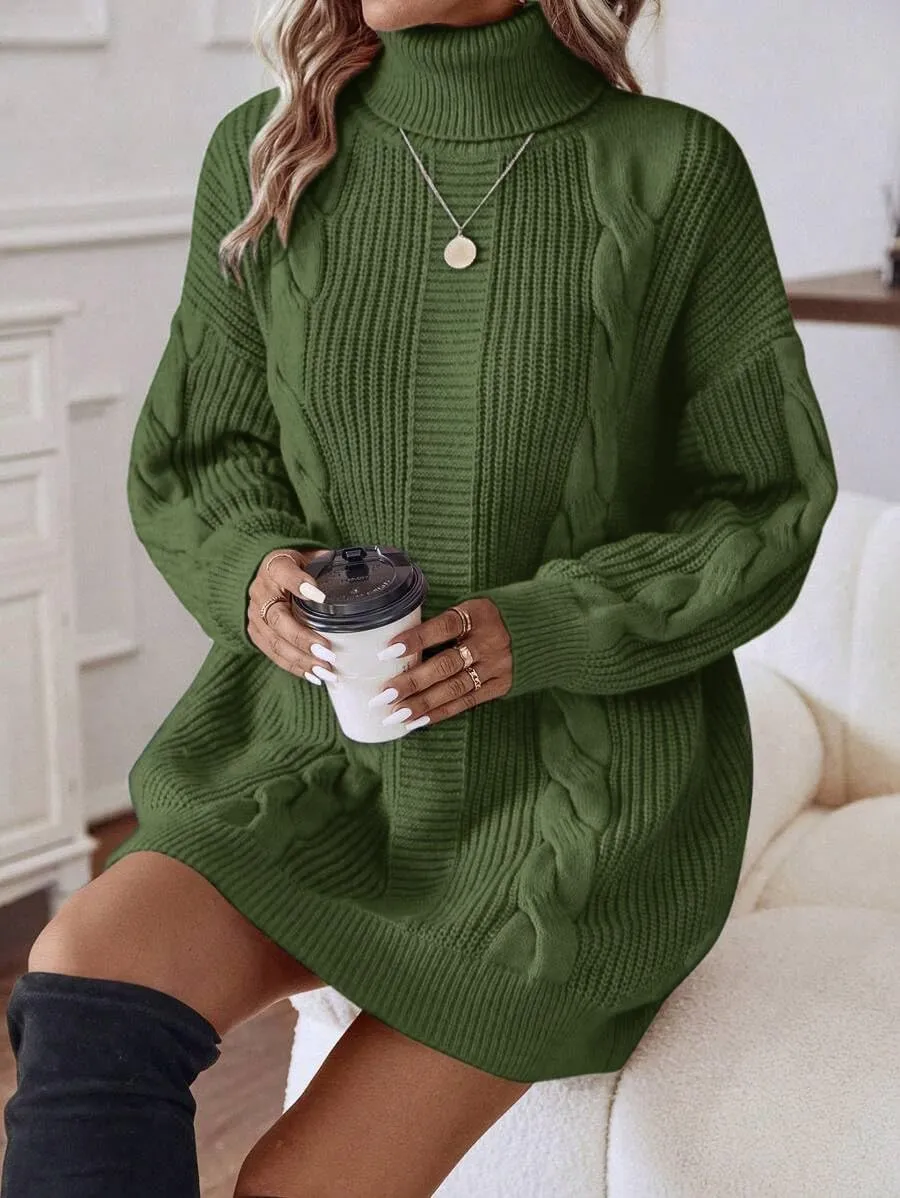 Women's Winter Sweater Long Sleeve Oversized Sweater Dress Cable Knit Loose Pullover Tunic Dress
