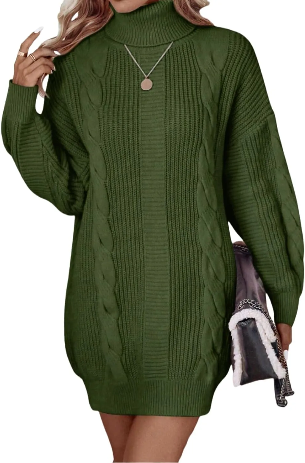 Women's Winter Sweater Long Sleeve Oversized Sweater Dress Cable Knit Loose Pullover Tunic Dress