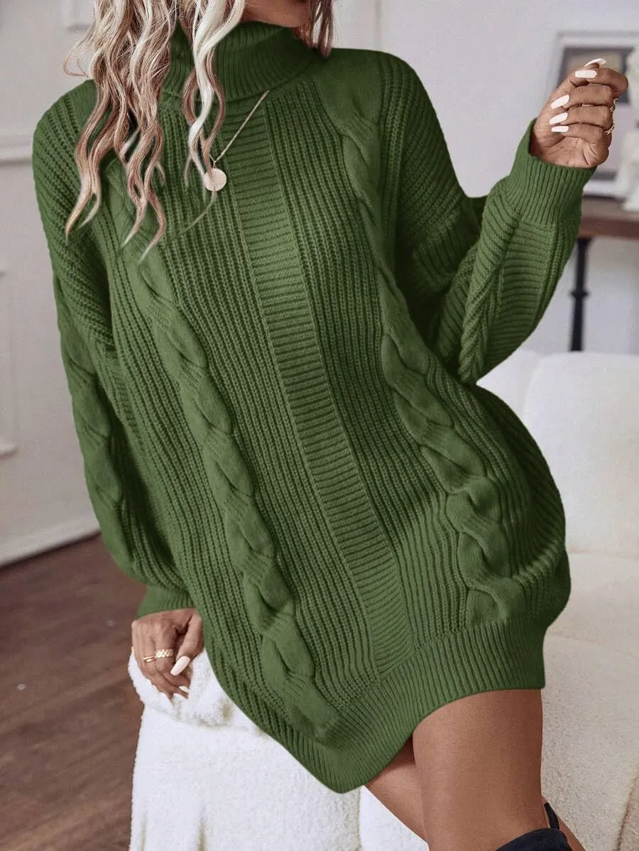 Women's Winter Sweater Long Sleeve Oversized Sweater Dress Cable Knit Loose Pullover Tunic Dress
