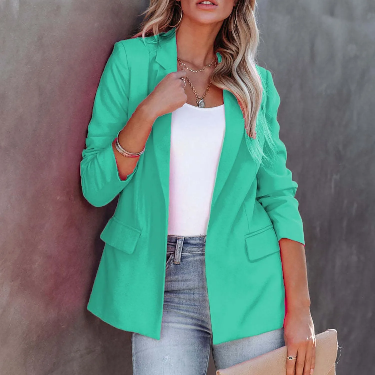 Womens Work Blazer Business Casual 3/4 Sleeve Tops Office Shirts Slim Fit Suit Jacket Fall Blouses Casual Outerwears