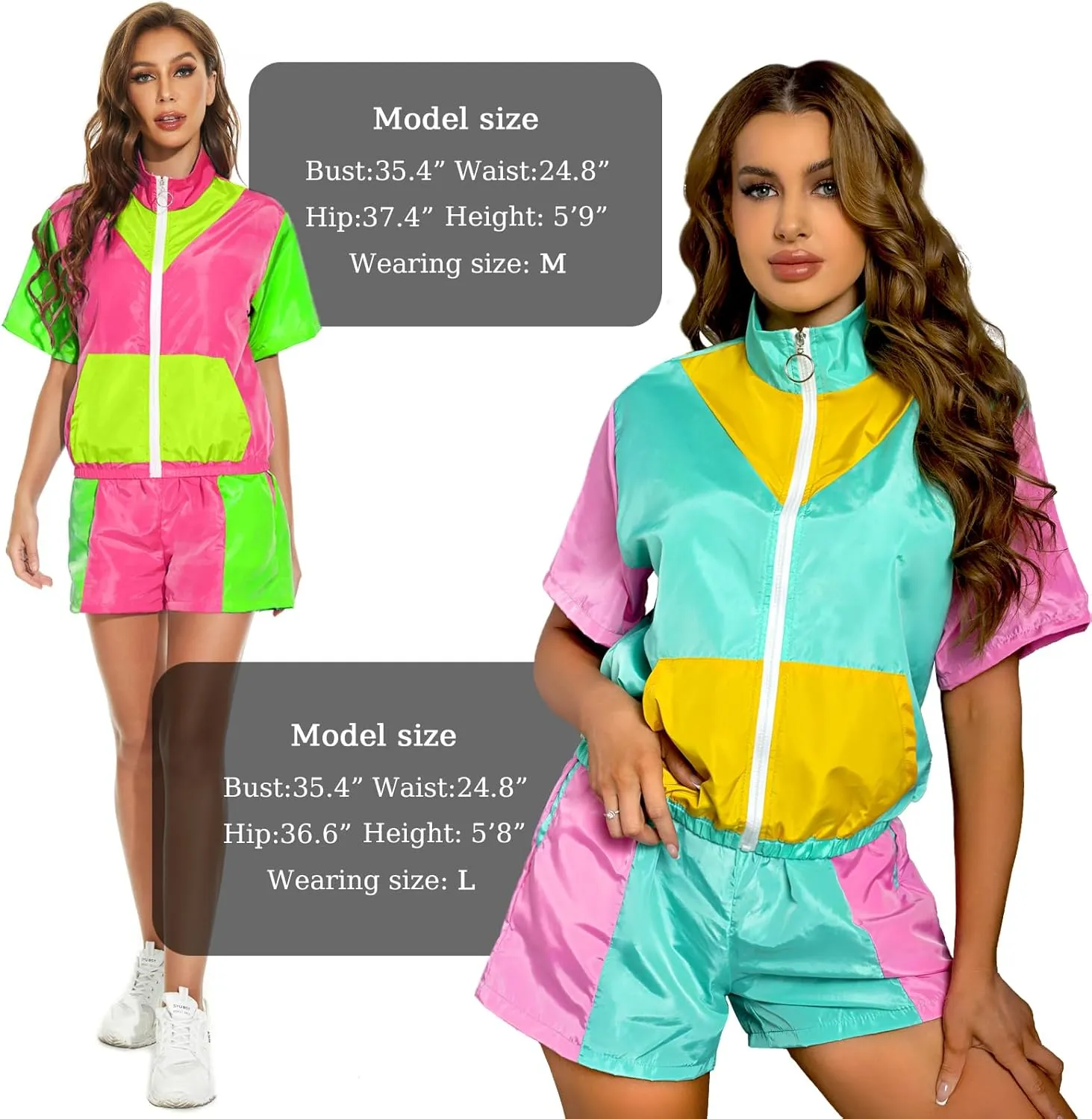 Yisfri Women's Color Block Windbreaker 2 Piece Outfits Short Sleeve Zip Front Elastic Waist Tracksuit Set