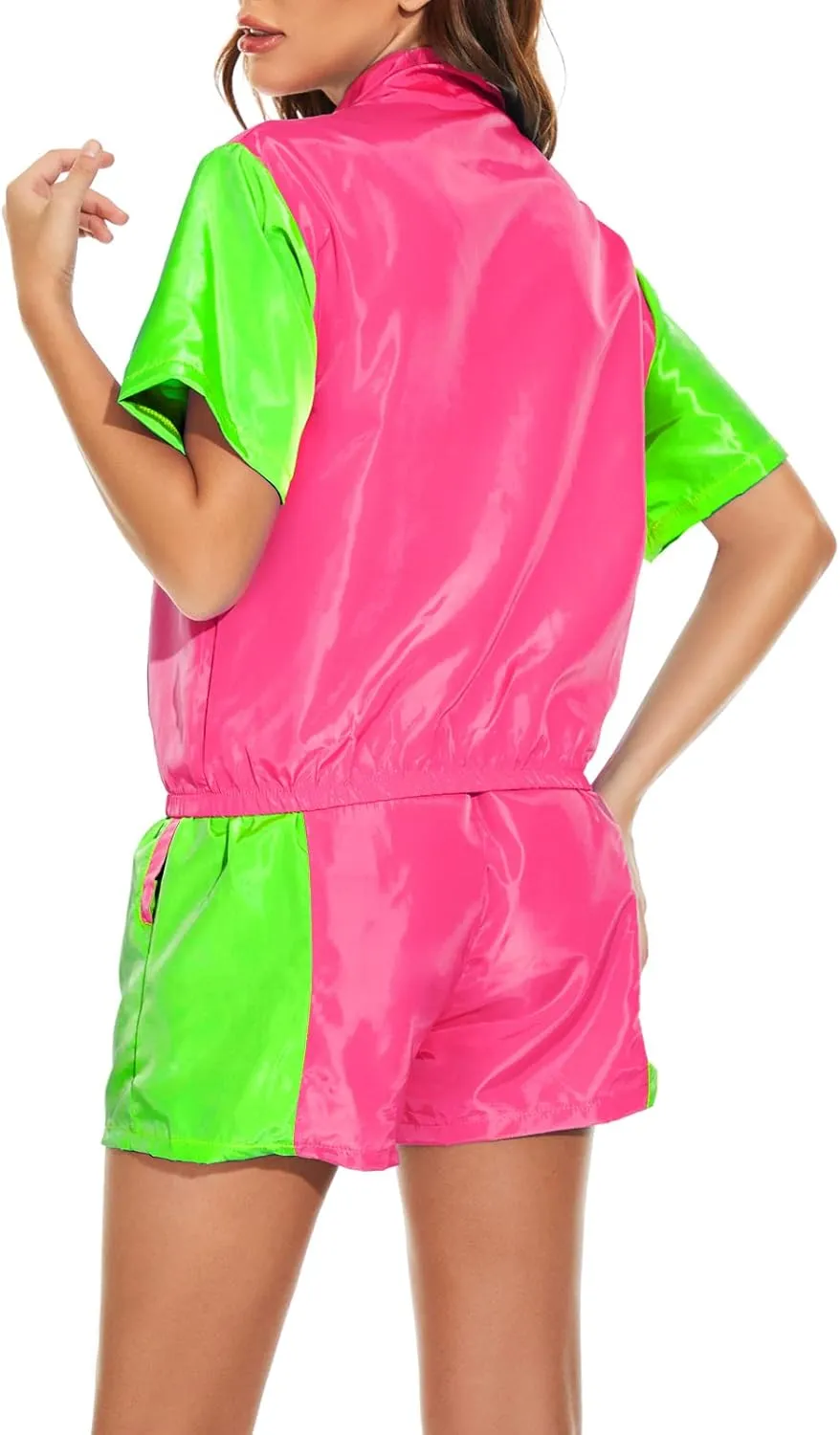 Yisfri Women's Color Block Windbreaker 2 Piece Outfits Short Sleeve Zip Front Elastic Waist Tracksuit Set