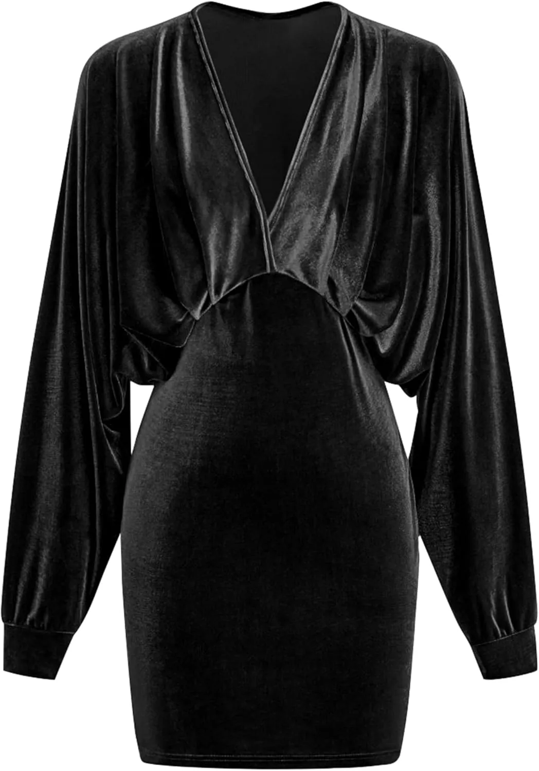 YMDUCH Women's Elegant Deep V Neck Long Sleeve Batwing Bodycon Velvet Mini Party Club Dress