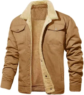 ZWRXW Men's Winter Jacket Fleece Lined Thick Thermal Coat Lapel Work Cargo Trucker Jackets Cotton Warm Outwear with Pockets